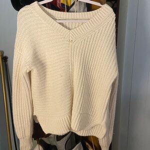 Cream V-Neck Sweater with Ribbed Texture